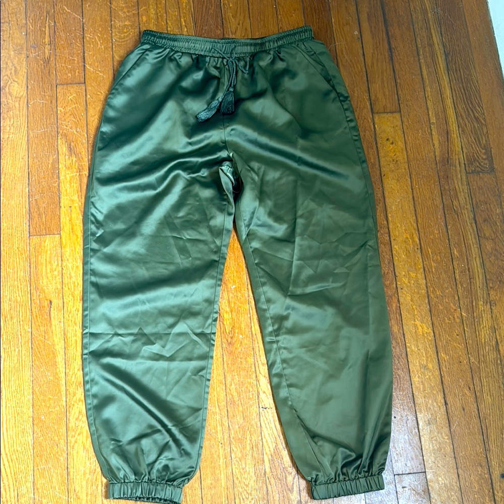 Green Satin Jogger Pants with pockets and draw string